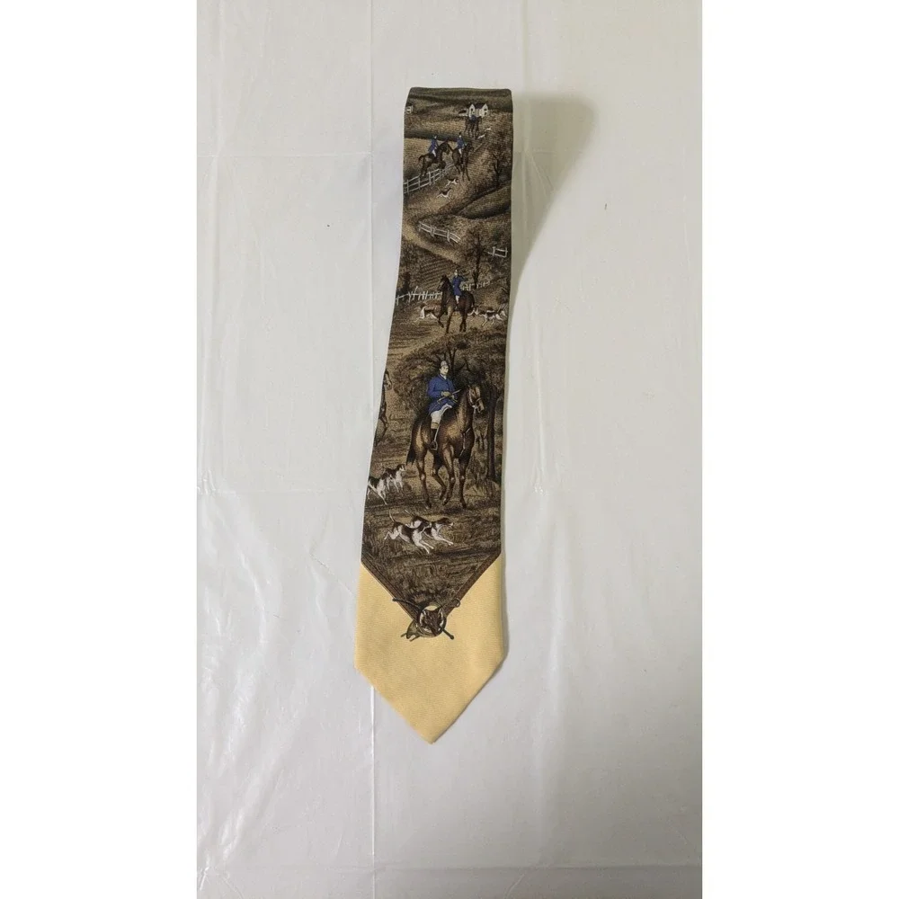 VTG Polo Ralph Lauren Silk Tie Fox Hunt Horn Equestrian Handmade USA 58x3.5